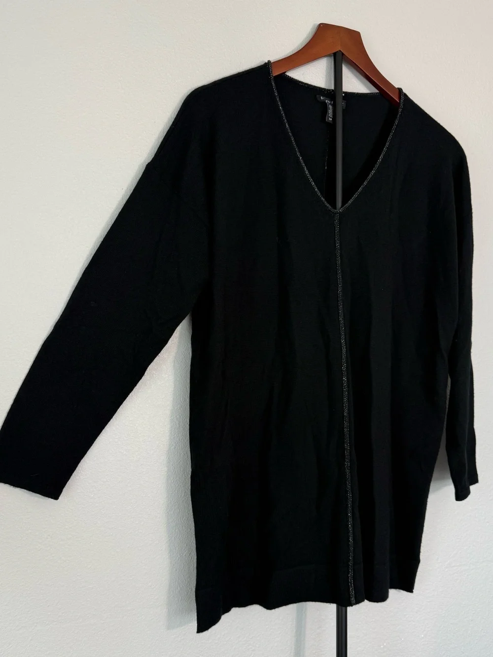 Eileen Fisher Merino Wool Metallic Trim V Neck Sweater Black Women Size S